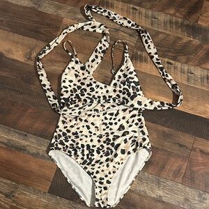 Aerie Cream and Black Animal Print One Piece Swimsuit